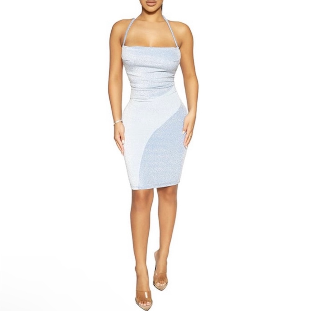 Naked Wardrobe Glow At It Mini Open Back Dress in Blue NEW